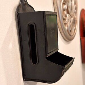 Vintage Wall Mount Black Painted Metal Tin Match Stick Holder Enamelware 1950s